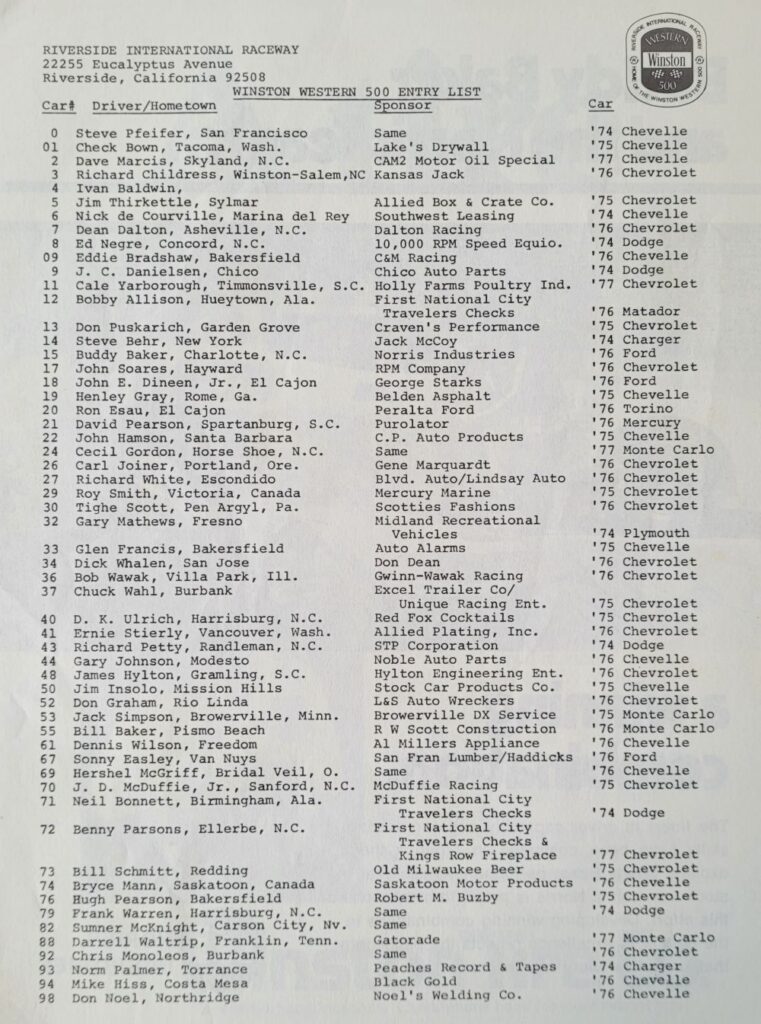 1977 NASCAR Riverside Winston Western 500 Entry List
