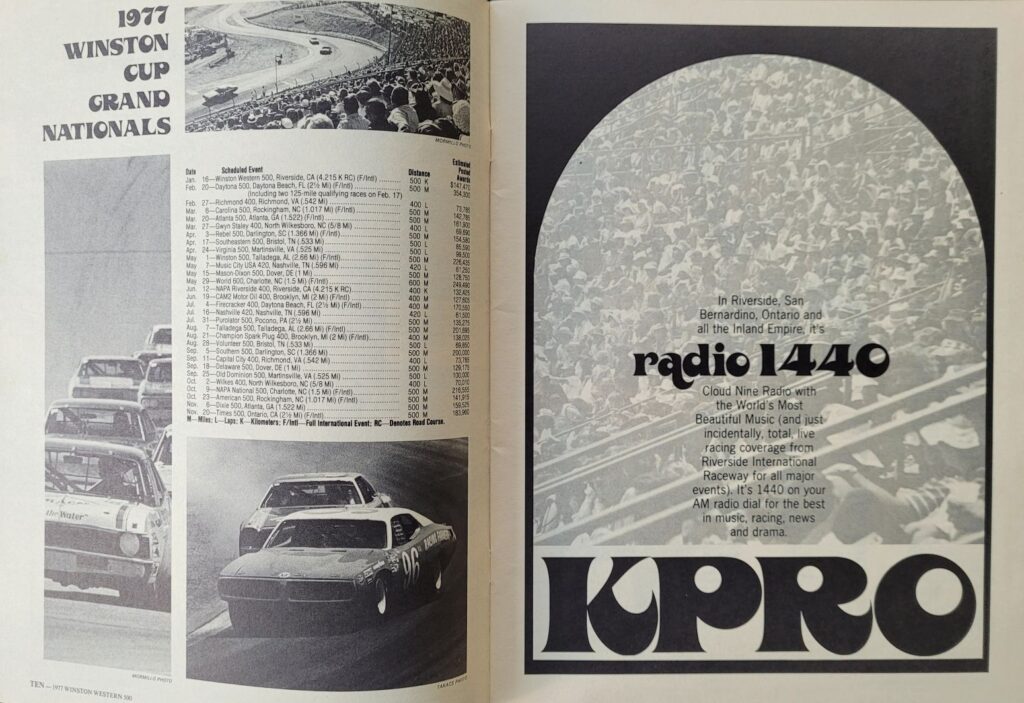 1977 NASCAR Riverside Winston Western 500 Program- Pages 10-11
