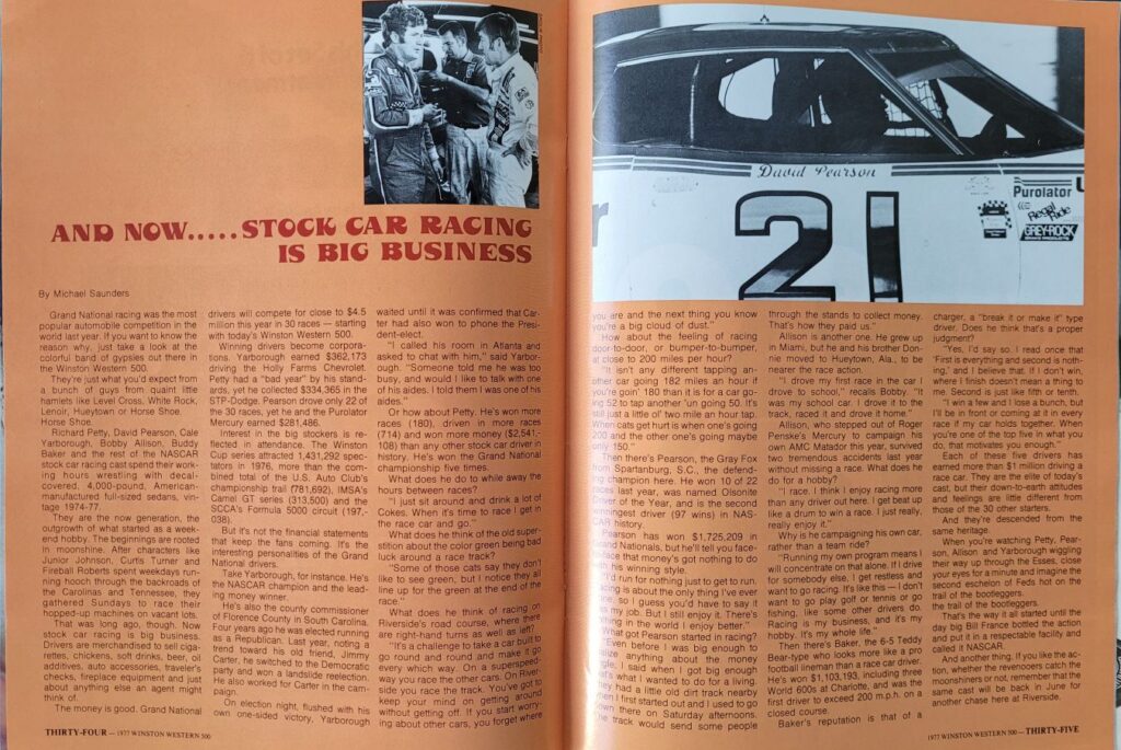 1977 NASCAR Riverside Winston Western 500 Program- Pages 34-35